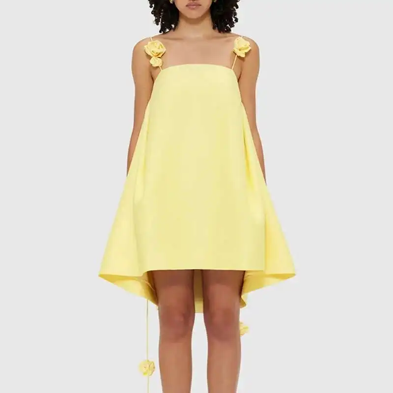 Summer Satin Thin Women's Party Fashion Hollow Sleeveless Holiday Dresses Yellow Rose Flower Suspenders Mini Dress Vestido