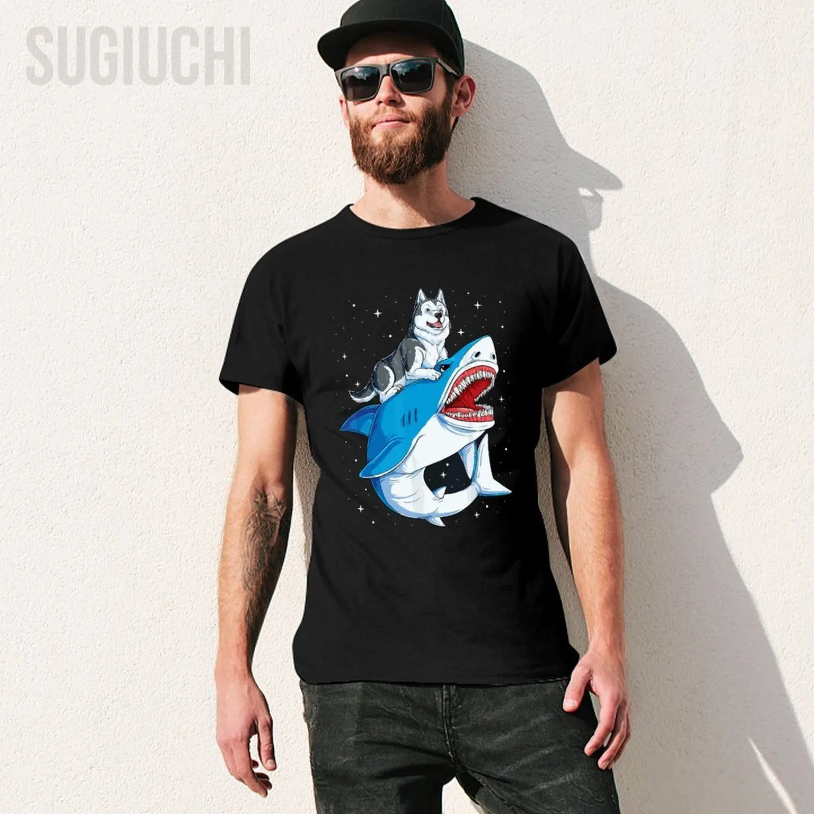 Unisex Men Siberian Husky Shark Jawsome Dog Lover Gifts Space Galaxy Tshirt Tees T Shirts Women Boys 100% Cotton T-Shirt