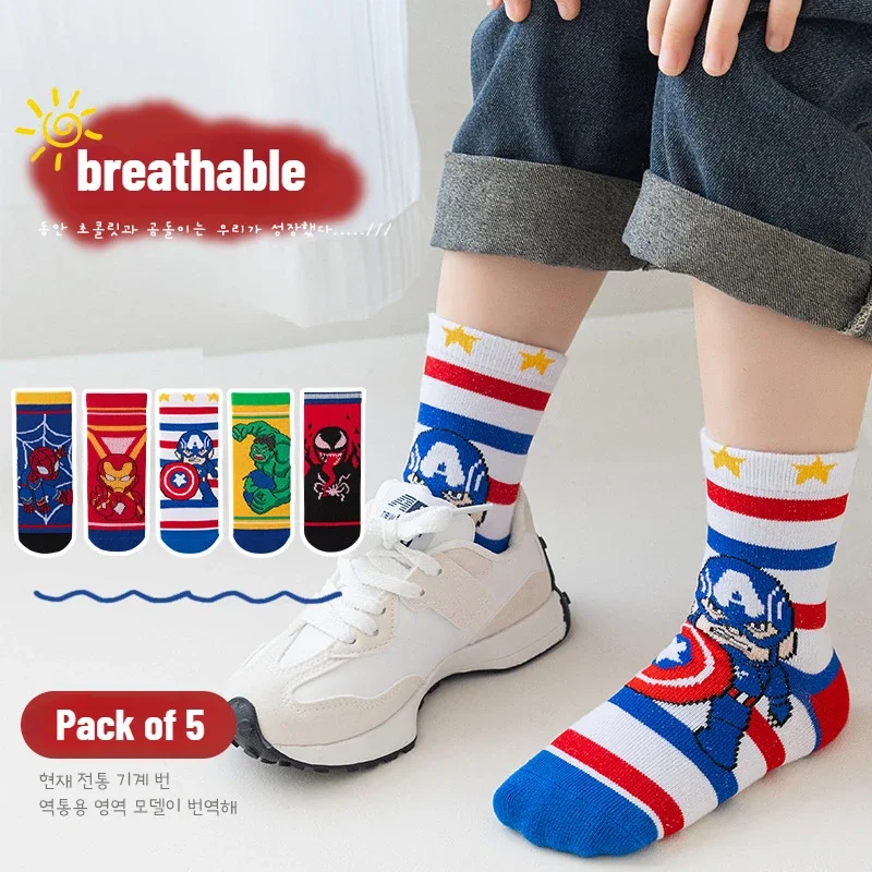 5 Pairs Spiderman Children Socks  Kawaii Child Cartoon Baby Summer Spring Boat Socks Anime Kids Boys Short Sock Kids Gift 1-12Y