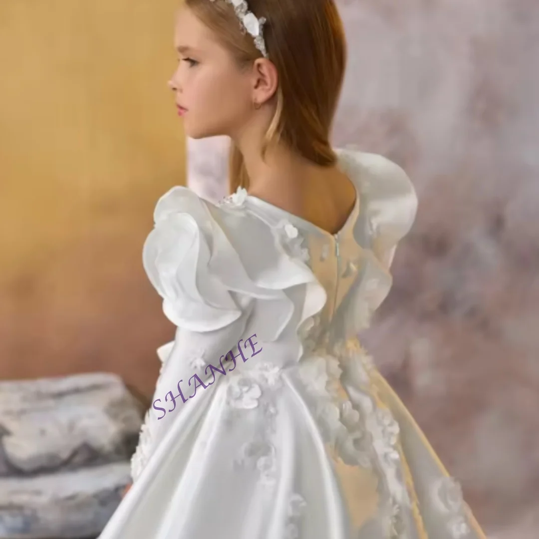 CustomizedLong Sleeve Flower Girl Dresses For Wedding 3D Floral Customized Litter Kids Baby Birthday Gowns First Communion Dress