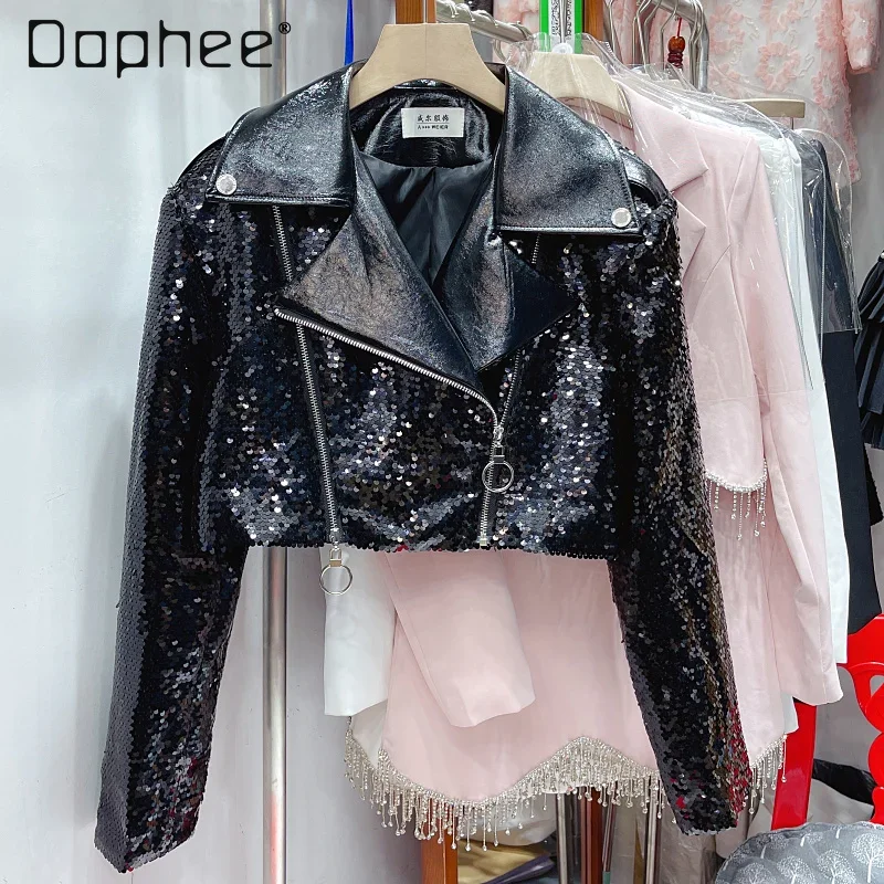 

2024 New Fashion Sequined Short Jacket Motorcycle Women's Autumn Skinny Suit Collar Long Sleeve Cropped Coats High Street