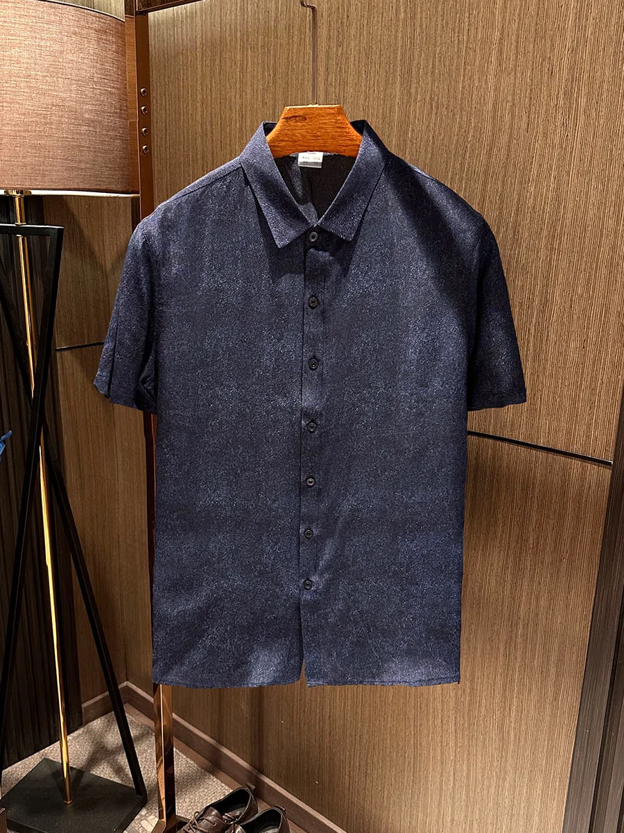 

High Quality Silk Men's Casual Shirt Summer New Style Short Sleeve Standard Fit Business Casual Self Cooling Silk