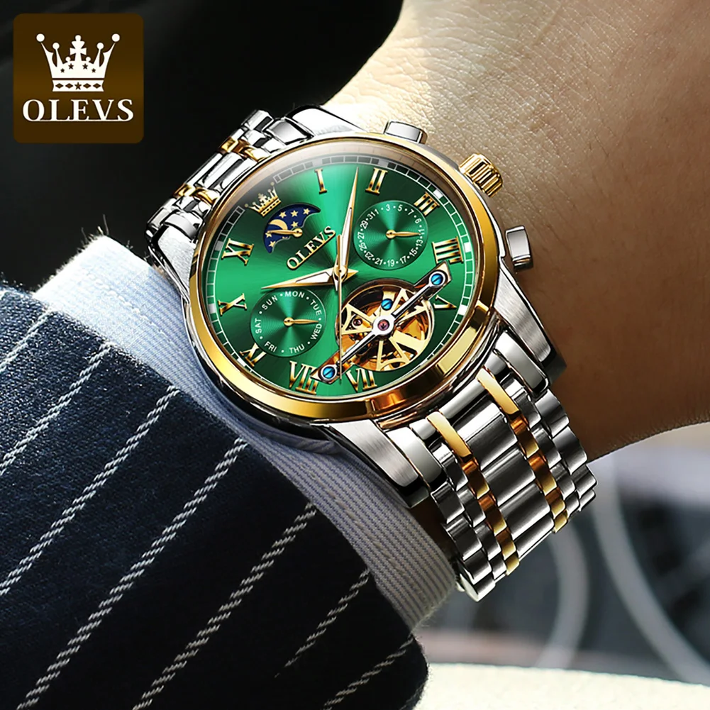 Reloj OLEVS para hombre, Reloj mecánico automático Stianless, marca superior, Reloj de pulsera de lujo con fase lunar y esqueleto, Reloj para hombres