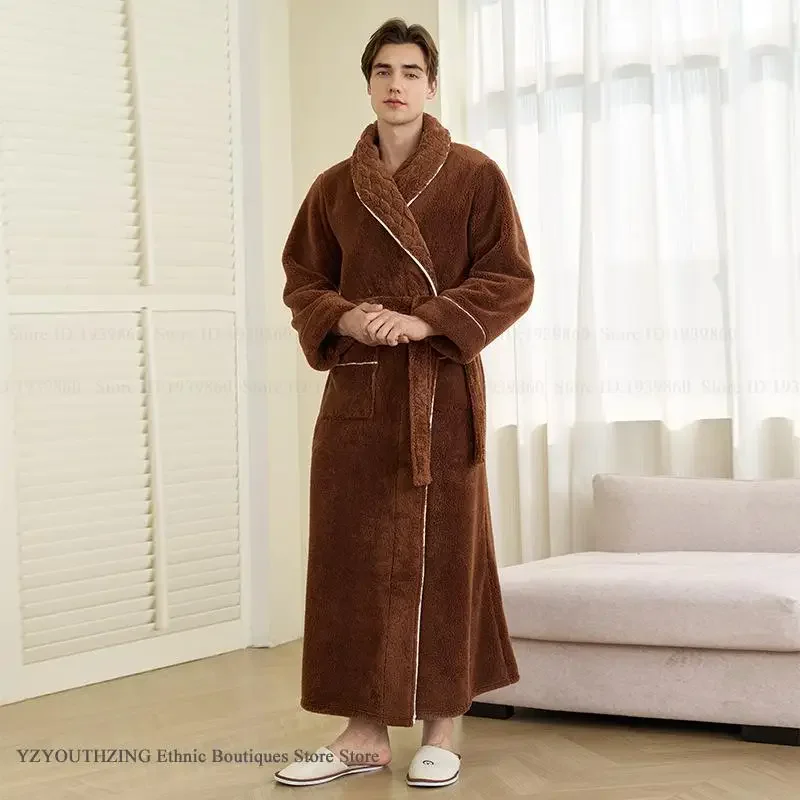 

Winter Thicken Warm Coral Fleece Long Robe Men's Sleepwear Bathrobe Kimono Gown Soft Flannel Male Nightwear Lounge Wear Pajama