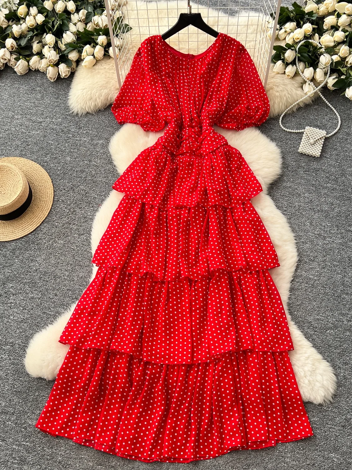 Vestido E F 2025 Verão Cintura Ajustada Manga Bufante Bolinhas Camadas Bolo Longo Estilo Coreano Cintura Alta