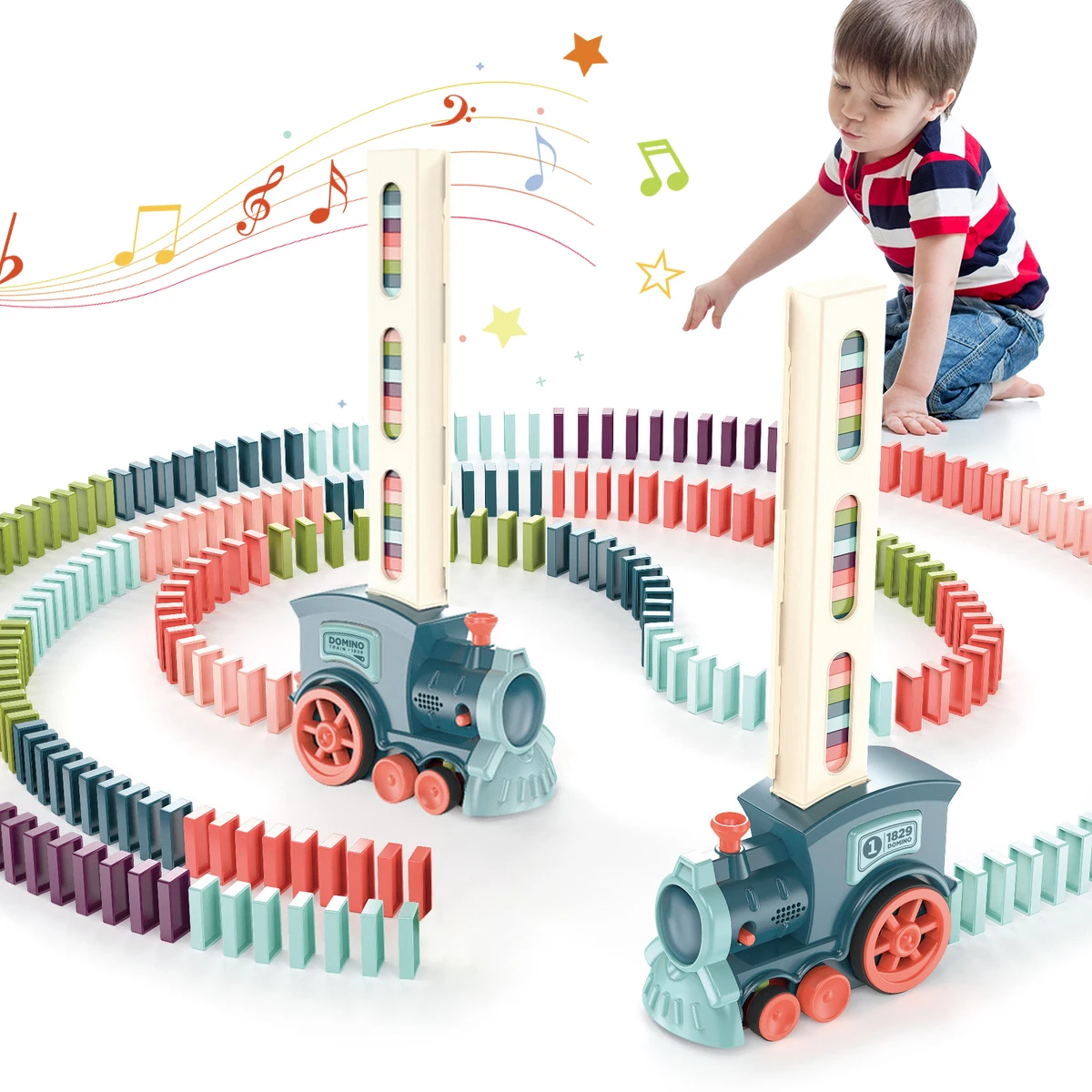 60PCS Kids Domino Train Car Set Sound Light Automatic Laying Domino Brick Colorful Dominoes Blocks Game Educational DIY Toy Gift