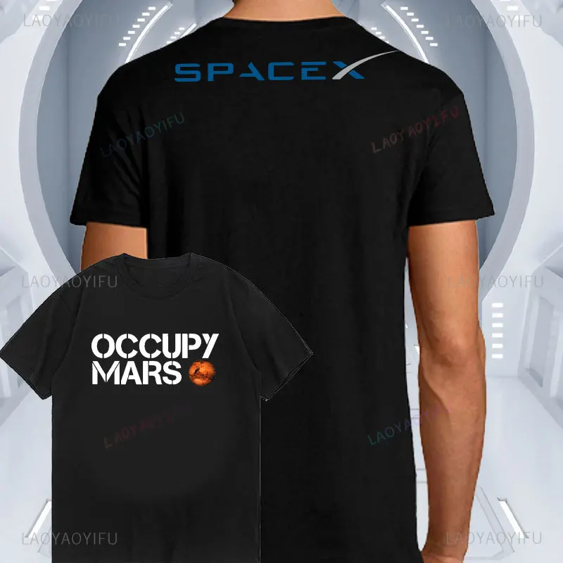 Cool Casual Occupy Mars Minimal Design Printed T-Shirt Men Crewneck Short Sleeve Top Tee SpaceX Elon Musk Cotton Outdoors Tops