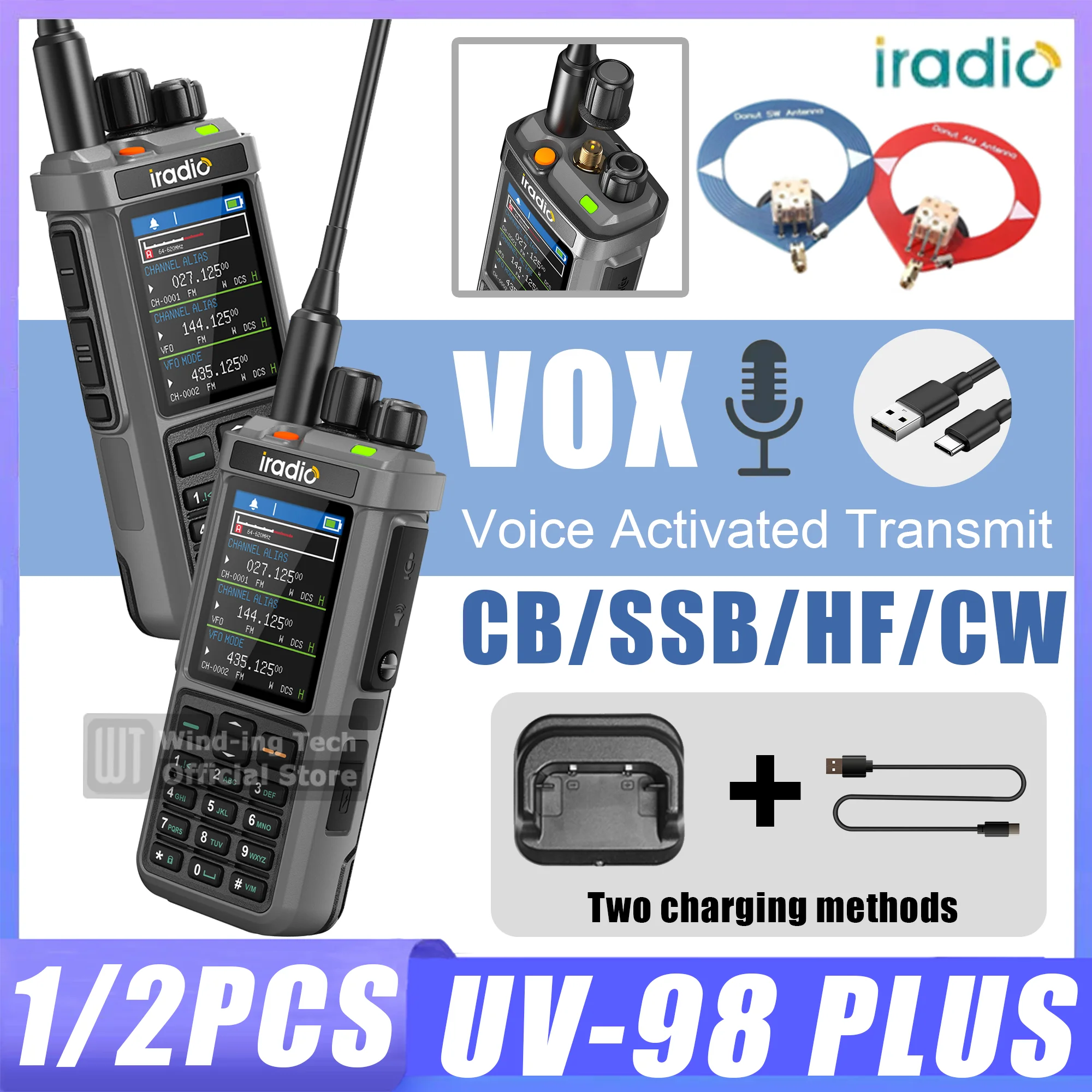 

Iradio UV-98 PLUS Повторитель поперечного диапазона с воздушным диапазоном Трехчастотный режим ожидания Сканирование спектра VOX FM SSB HF NOAA DTMF Рация