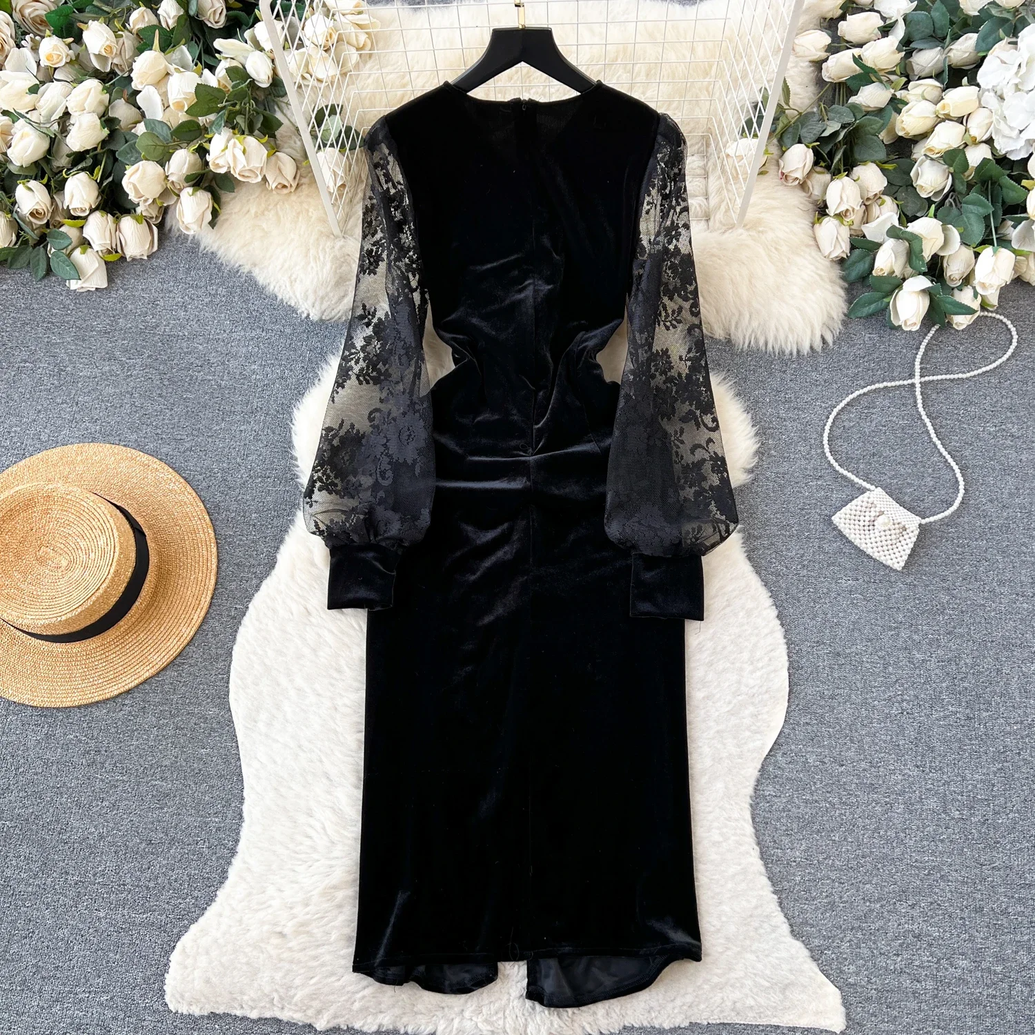 Chic Bodycon Long Sleeve V Neck Mesh Patchwork Velvet Dress Korean Fashion Vestidos Women Vintage Spring Autumn Ceremonial Dress