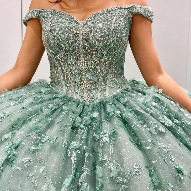 Mint Green Off The Shoulder 3D Quinceanera Dress Ball Gown 3D Flowers Appliques Lace Vestidos De XV Años Customized