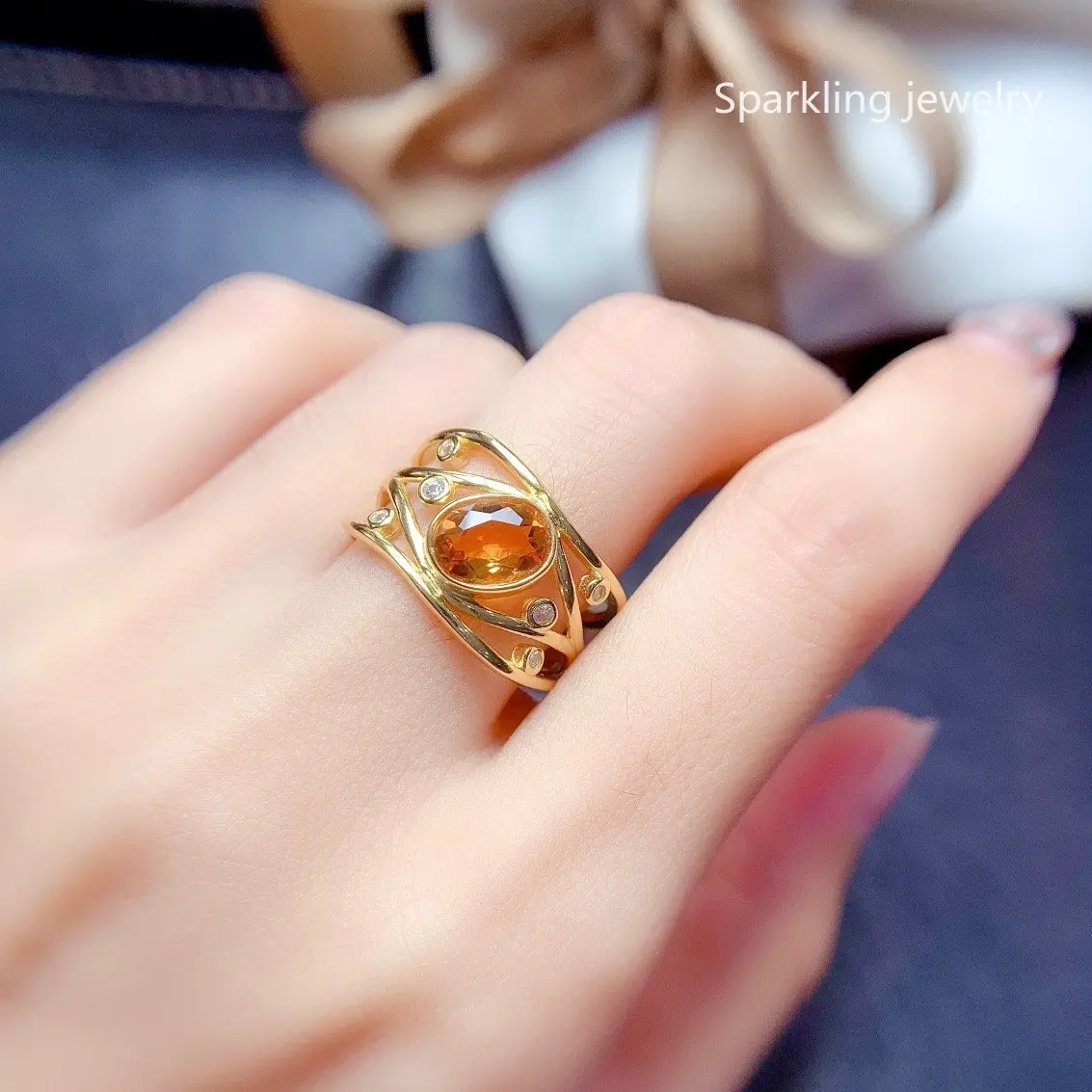 Newly Designed Natural Citrine Ring 6*8mm Hollowed Out Women's Ring Free Shipping on 925 Sterling Silver Jewelry