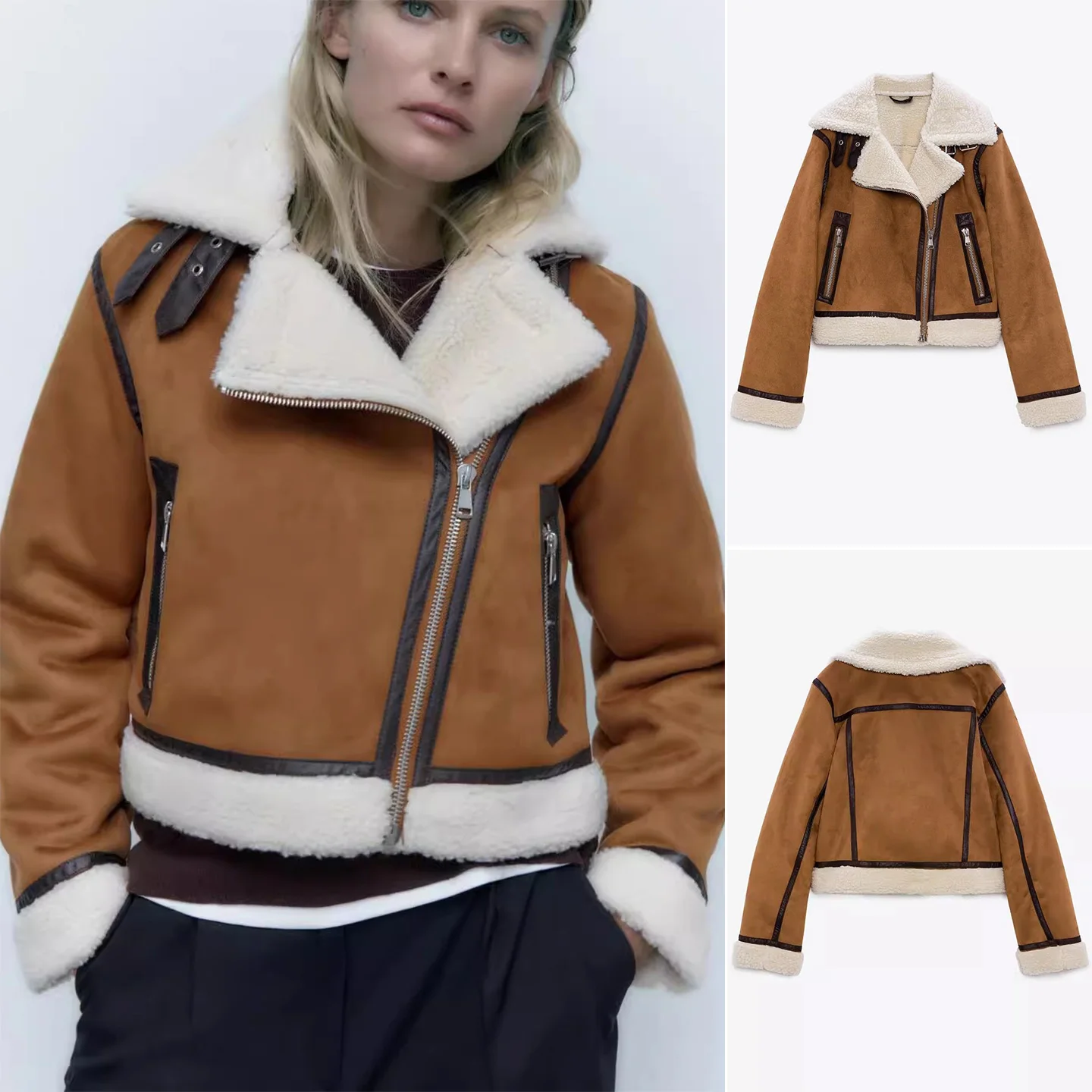 

Winter New Women's Pilot Jaet Coat Long Sve Faux Velvet Effect Turn-down Collar Slim Fit ort Outerwear 638237