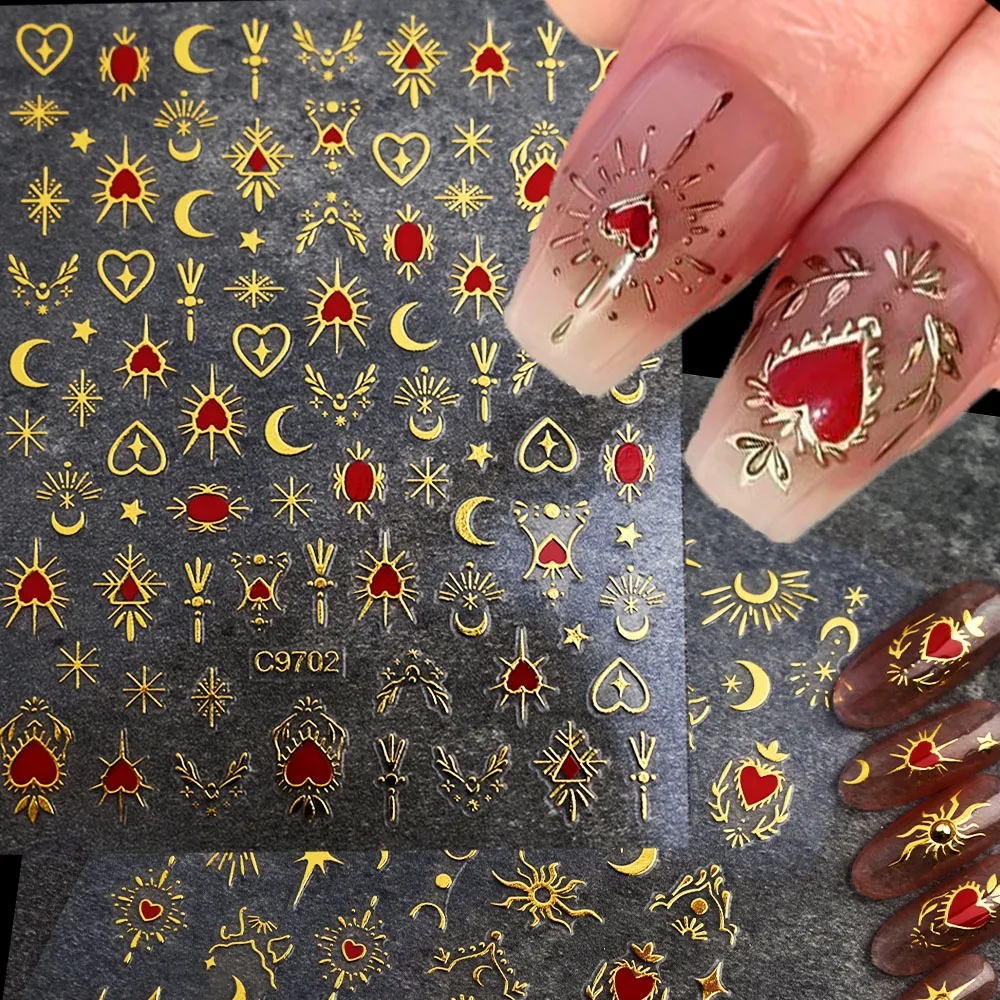 1Pcs Bohemia Red Heart/Stars/Moon Nail Art Sticker 3D Bronzing Love-Heart Adhesive Sliders Metal Gold/Silver Star Heart Decal&^&