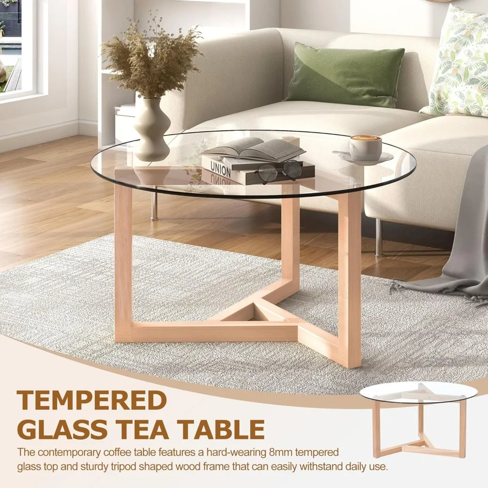 Round Glass Coffee Table Modern Cocktail Table Easy Assembly with Tempered Glass Top & Sturdy Wood Base, Espresso