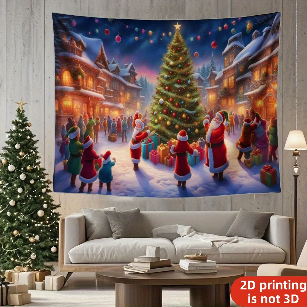 2D Flat, 1pc Extra Large Christmas Village Tapestry - Winter Snowy Scene with Santa, Elves, Twinkling & Snow-Covered Houses - So