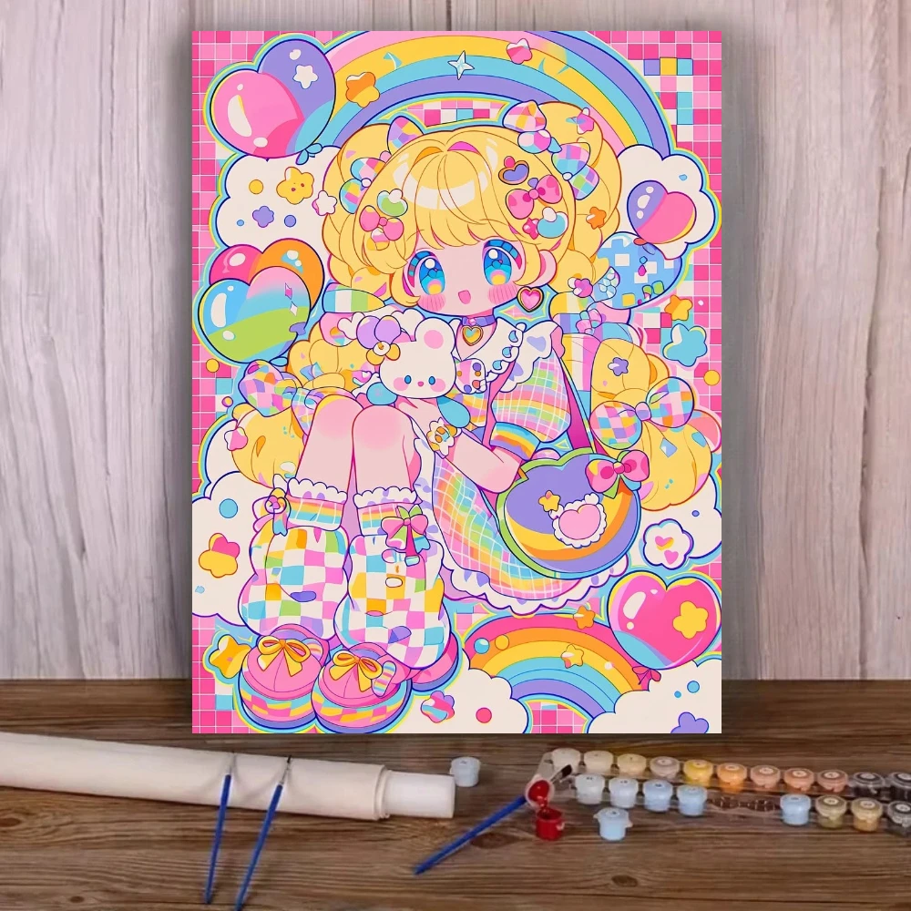 Figurine d'anime avec peinture à l'huile en forme de cœur arc-en-ciel par numéros sur toile, décoration pour la maison, salon, chambre à coucher, cadeau fait main
