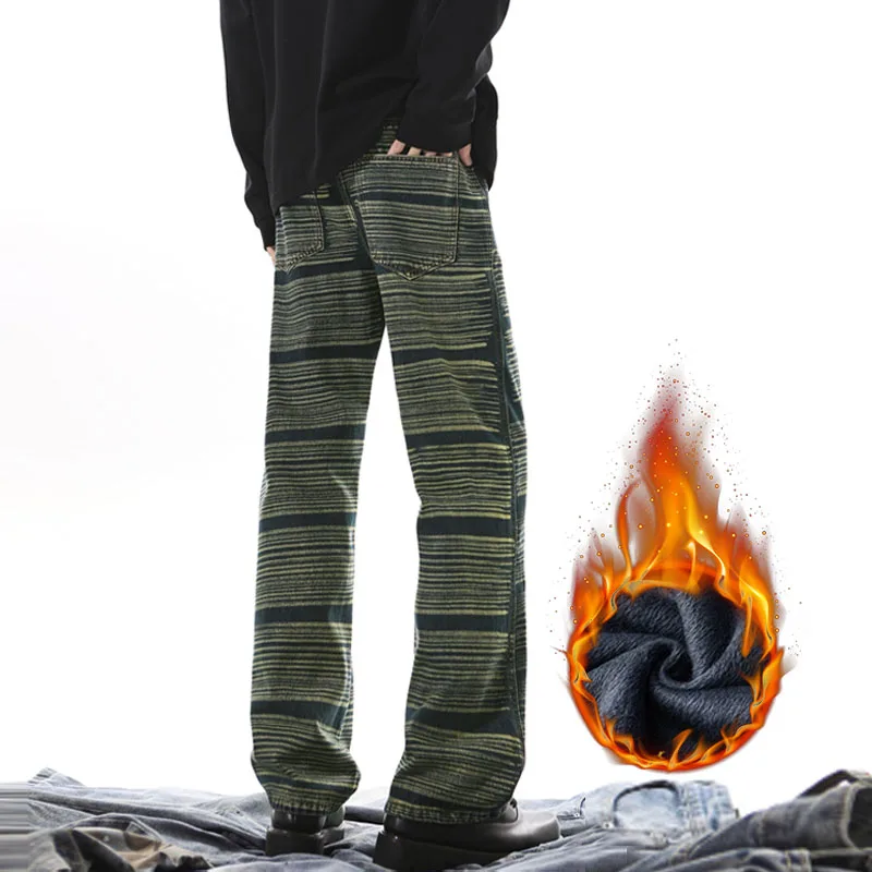 กางเกงยีนส์เดนิมลายทางผู้ชายแบบวอร์ม ซักฟอก สไตล์อเมริกัน สตรีทแวร์ ทรงหลวม ขากว้าง ทรงตรง แฟชั่นลำลอง สำหรับฤดูหนาว