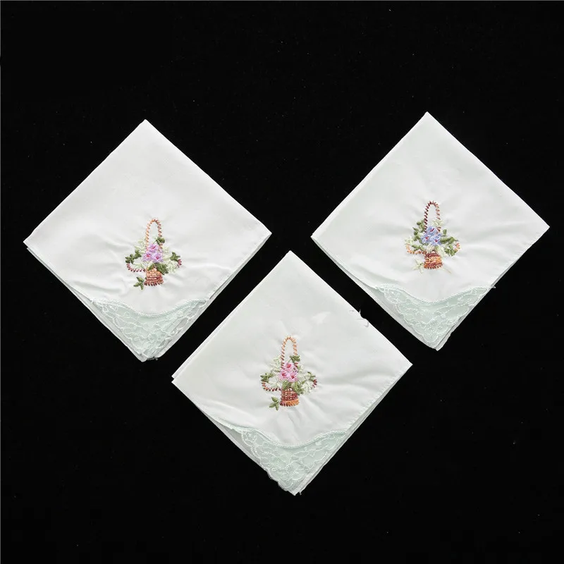 3Pcs 28x28cm 100% Cotton Flower Embroidery Square Scarf Plain Women Lady Handkerchief Wedding Party Gift