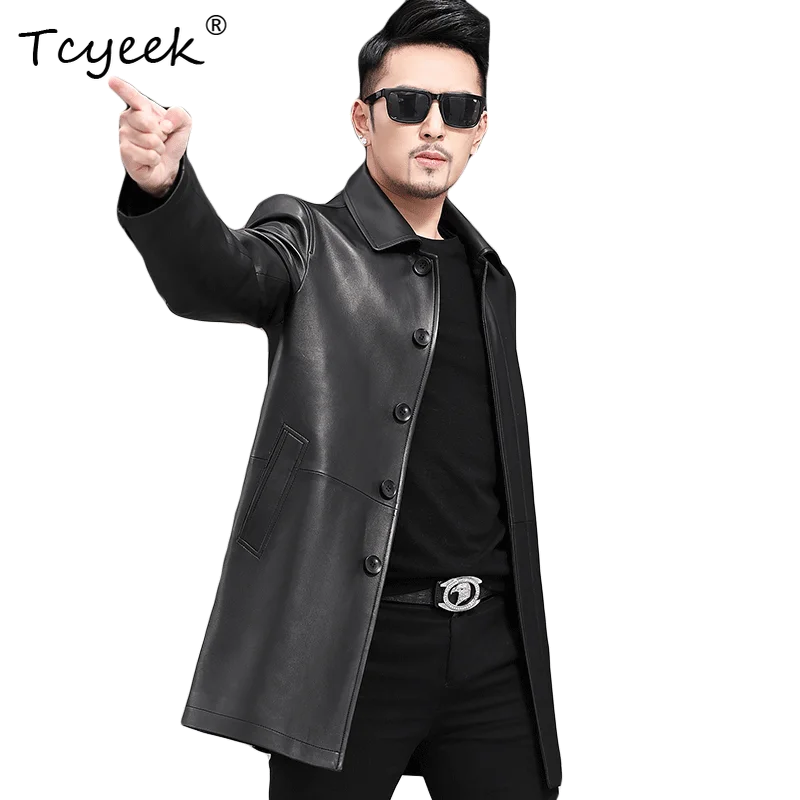 

Tcyeek Натуральная овчина Весна Осень Высококачественная модная черная мужская куртка средней длины с лацканами из натуральной кожи Chaqueta Cuero Hombre