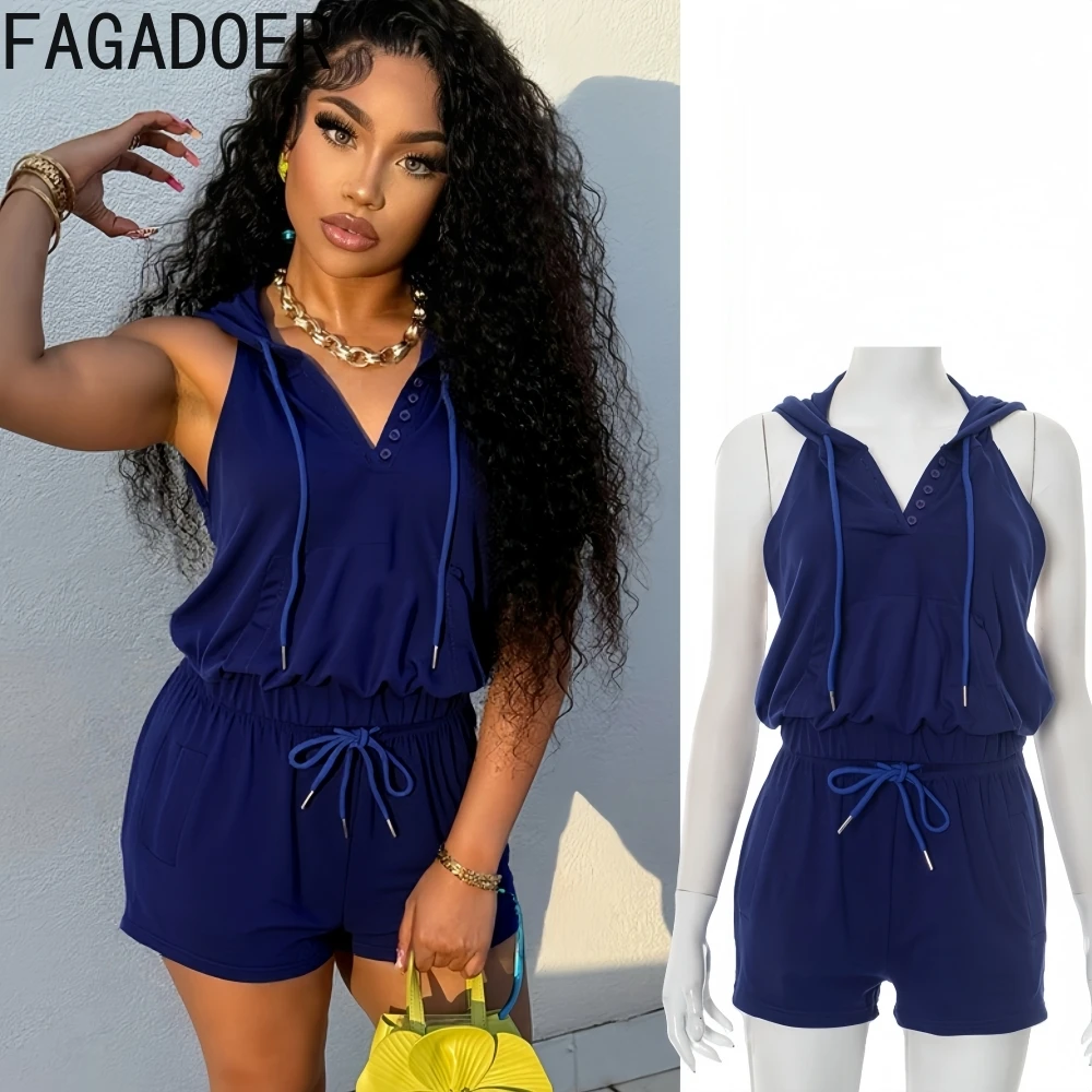

FAGADOER Fashion Sport Bodycon 2 Pieces Set for Woman Hooded Sleeveless Backless Crop Top + Short Matching Suits Streetwear New