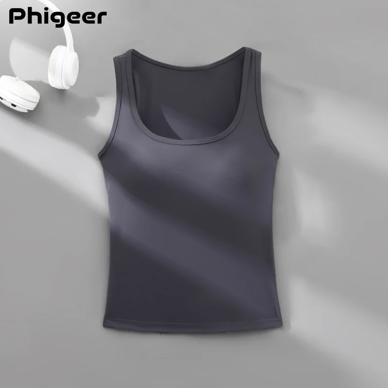 PHIGEER Women's Running Vest Built-in Pads Seamless Gym Tank Top Athletic Gym Shirt Workout Fitness Running Singlet Yoga Golf