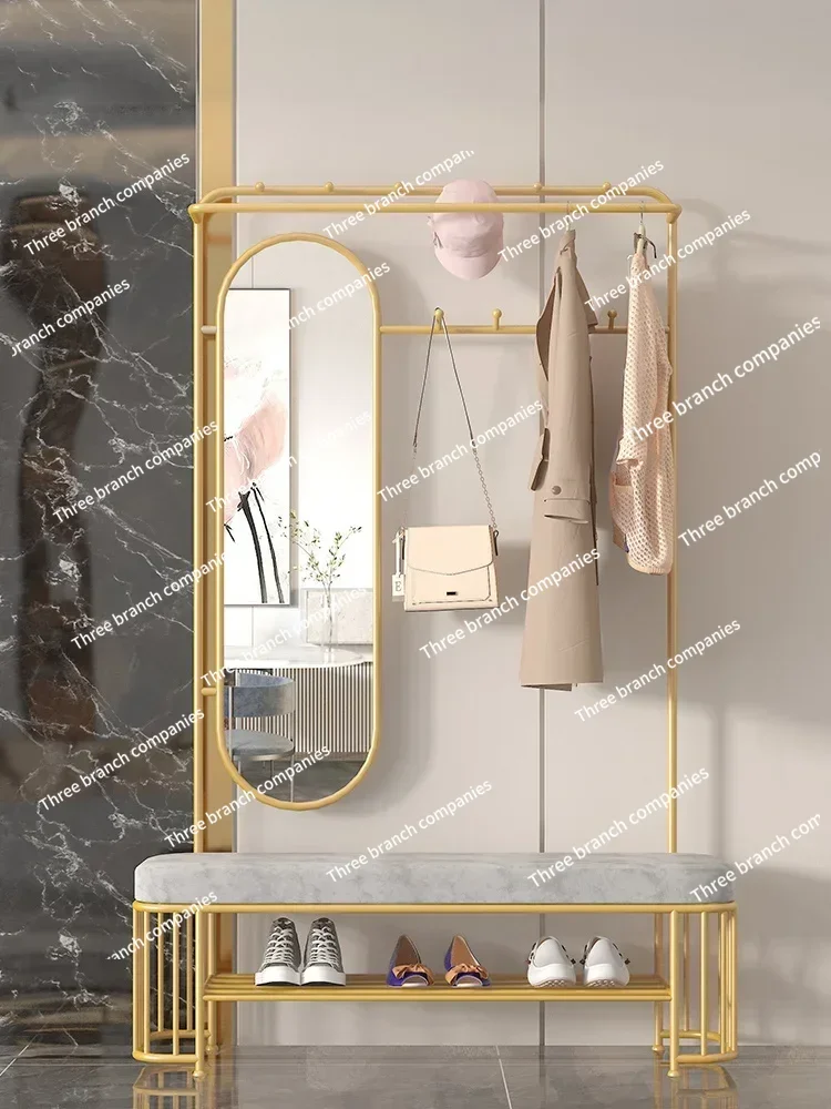 

Coat Rack Iron With Shoes Storage & Bench 10 Racks Clothers Hangers Standing With Mirror Nordic Simple Modern Clothing Hooks