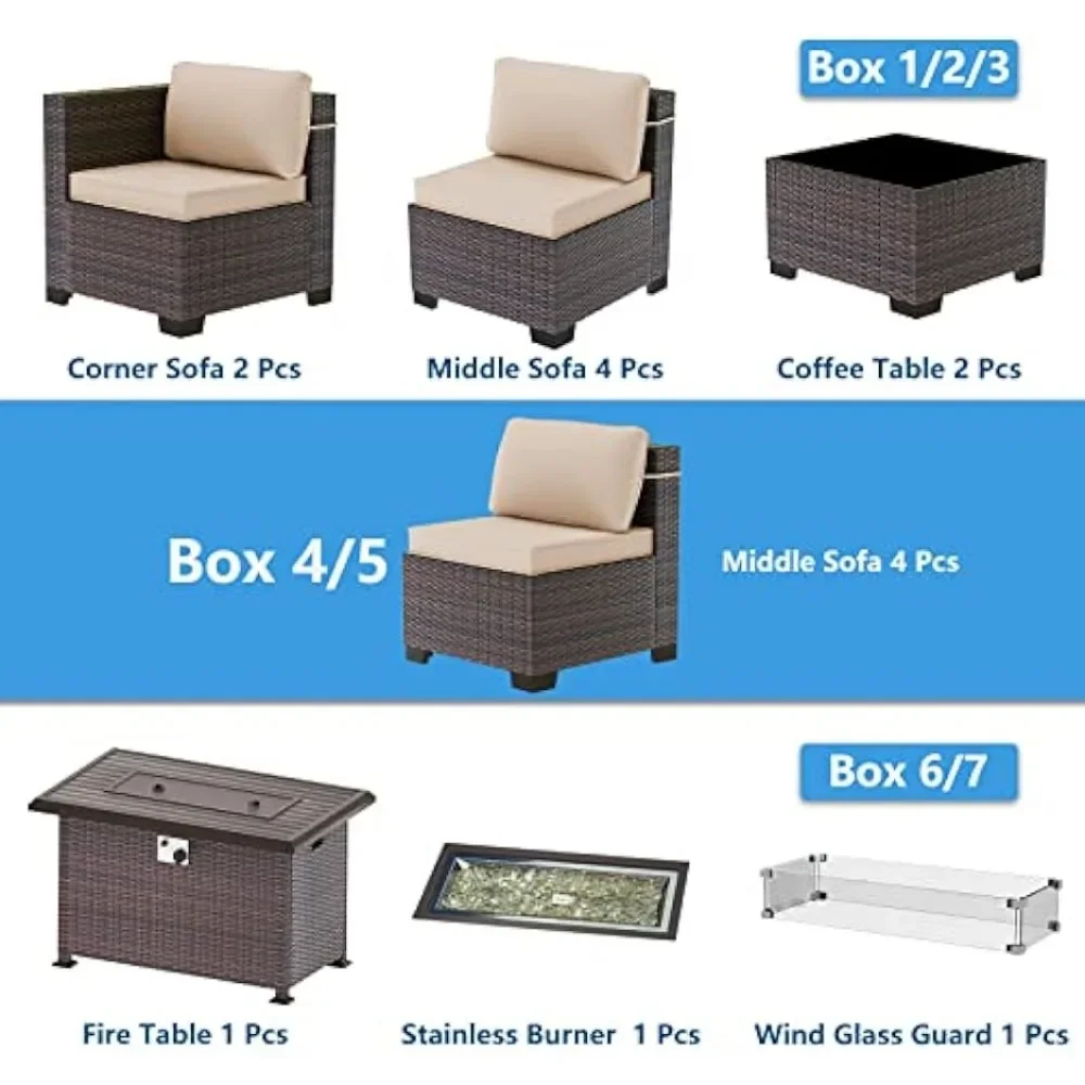 Mobília ao ar livre do pátio ajustada com tabela do poço do fogo do gás, sofá secional, propano Fire Pit, 43 ", 55000 BTU, 13 Pcs