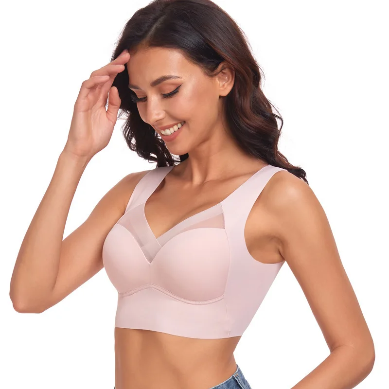 Women's Seamless Wireless Vest Bra Push Up Mesh V Neck Thin Soft Cup Bralette Back Smoothing Side Support Comfort Daily Wear