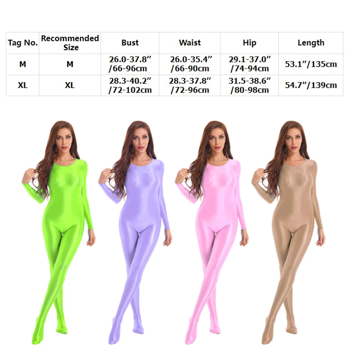 Womens Glossy Smooth Full Body Leotard Bodysuit Jumpsuit Solid Long Sleeve Bodystocking for Sports Fitness Rave Party Clubwear