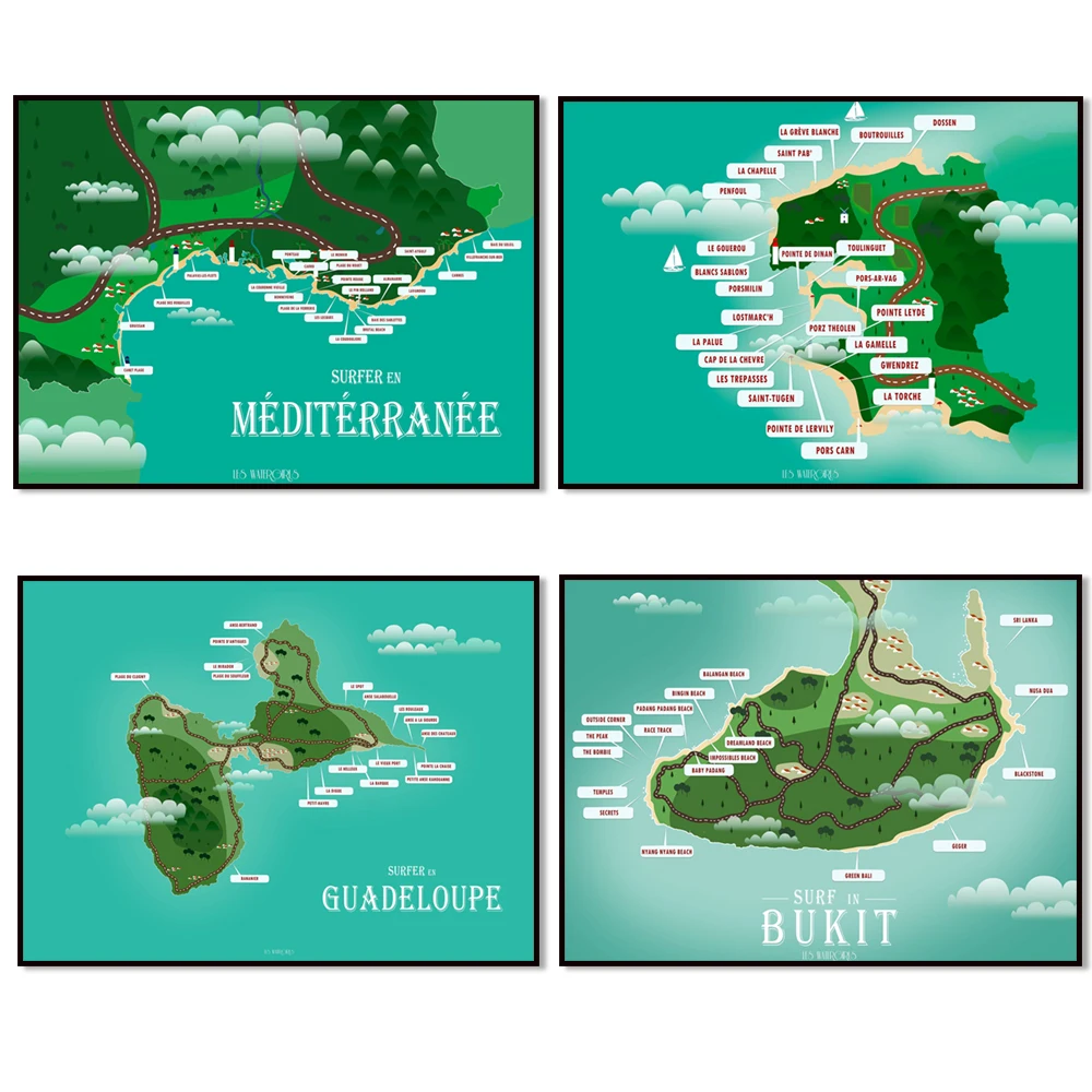Martinique, Bordeaux-Gironde, France, Guadeloupe, Brittany, Basque Country, Bali Uluwatu surf map poster, gift for surfers