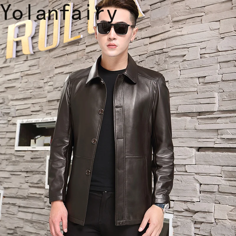 YOLANFAIRY جديد جلد الغنم الحقيقي رجل سترات من الجلد جلد طبيعي خندق معطف منتصف طول ربيع الخريف البني الرجال سترة جلدية #2