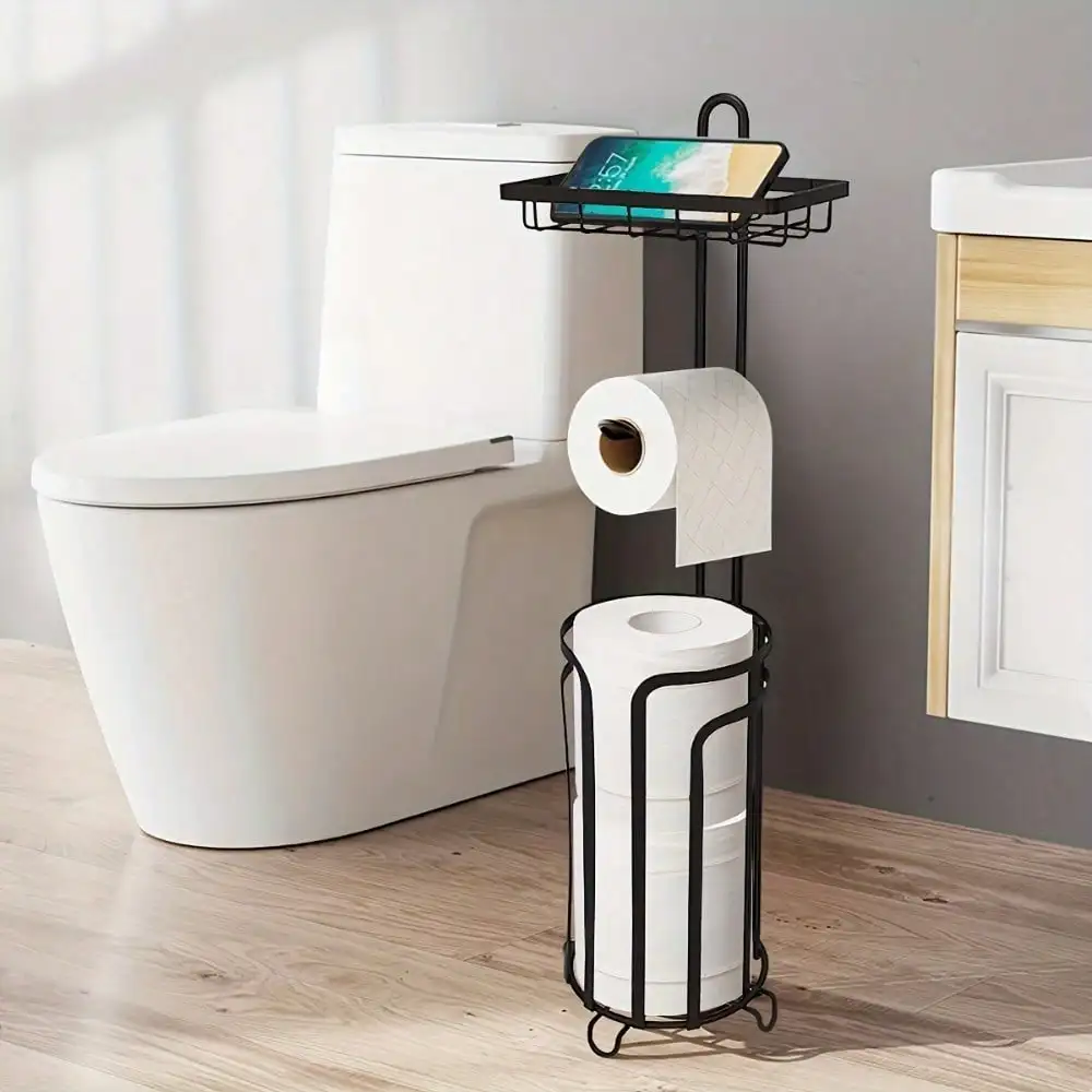 Bronze Toilet Paper Holder Stand with Shelf, Free Standing Tissue Roll Dispenser for Bathroom, Space-Saving Storage Rack for 3-4 Rolls, Easy Assembly