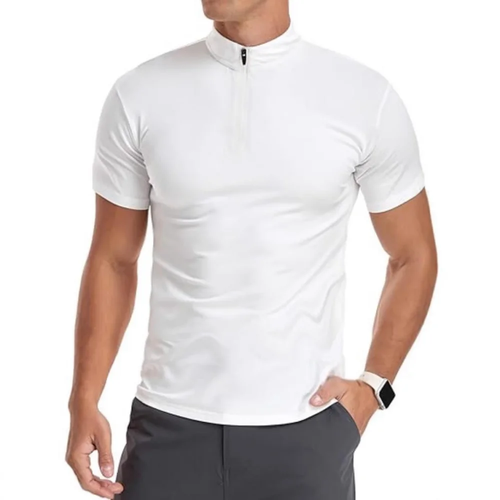 

2025 New American Lapel T-shirt Men Short Sleeved Summer Solid Color Half Zip Quick Drying Stand Collar Polo Shirt Men's Shirt