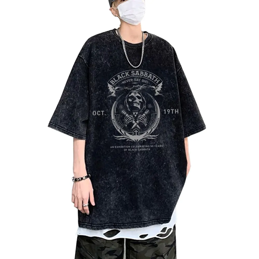 

Heavy Metal Rock Band Black Sabbath Never Say Die Skeleton Washed T-shirt Ozzy Osbourne Tshirt Men Vintage Oversized T Shirts