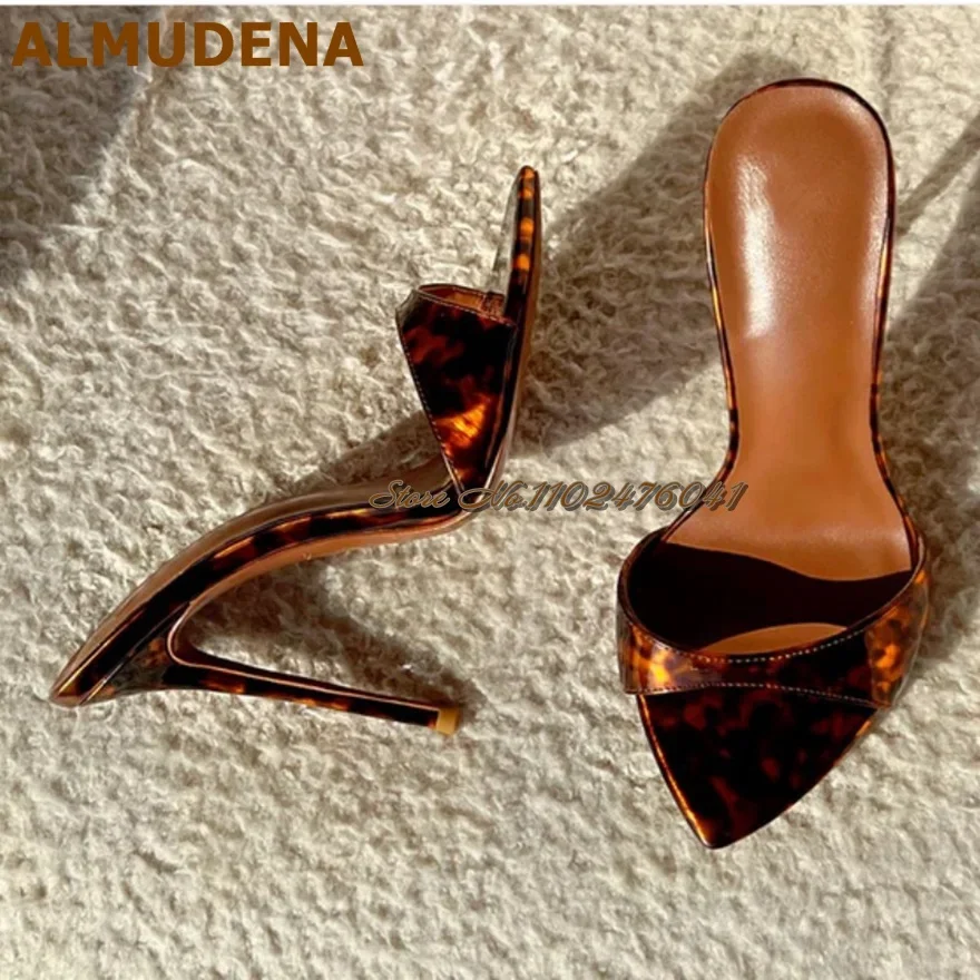 ALMUDENA Sexy Leopard Patent Leather Modern Slippers Pointed Toe Shallow Gladiator Sandals Printed Slip-On Dress Pumps Size46