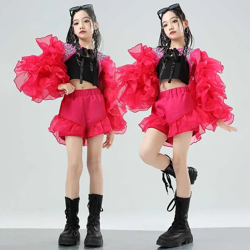 

Sequin Jazz Dance Outfit Puff Sleeve Tops Shorts Girls Kpop Stage Clothes Children Fashion Show Costume Jazz Dacne Wear