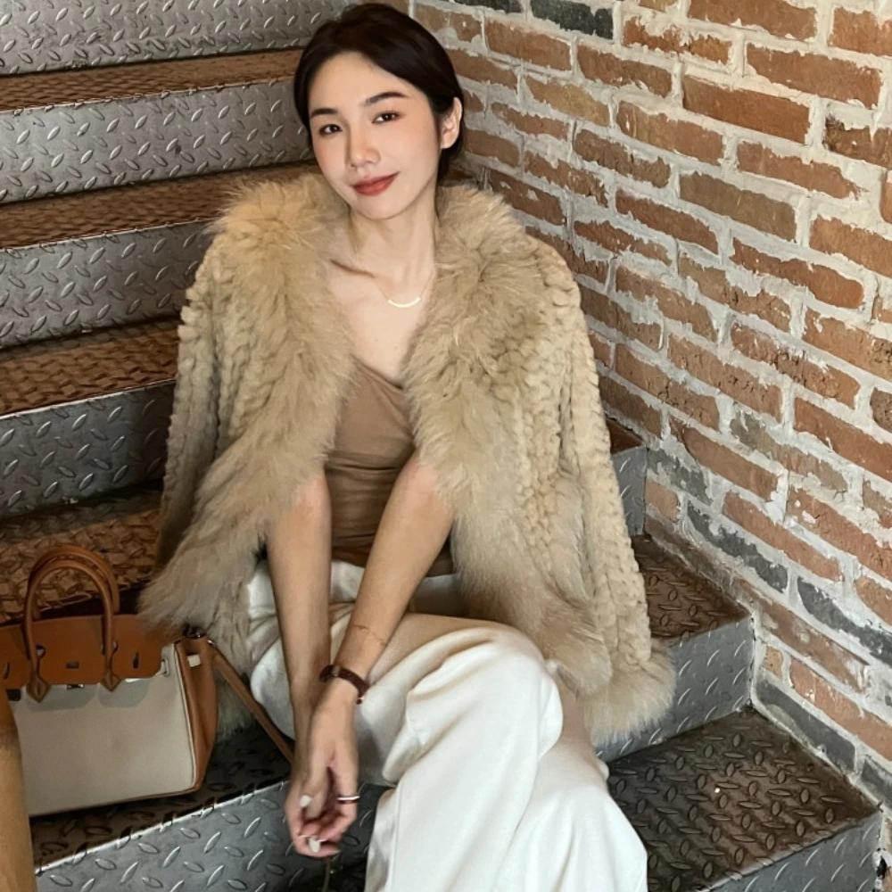 New Women Fur Coat Autumn Winter Knitted Shawl Natural Fox Collar Jacket Knitted Winter Real New Natural Rabbit Fur