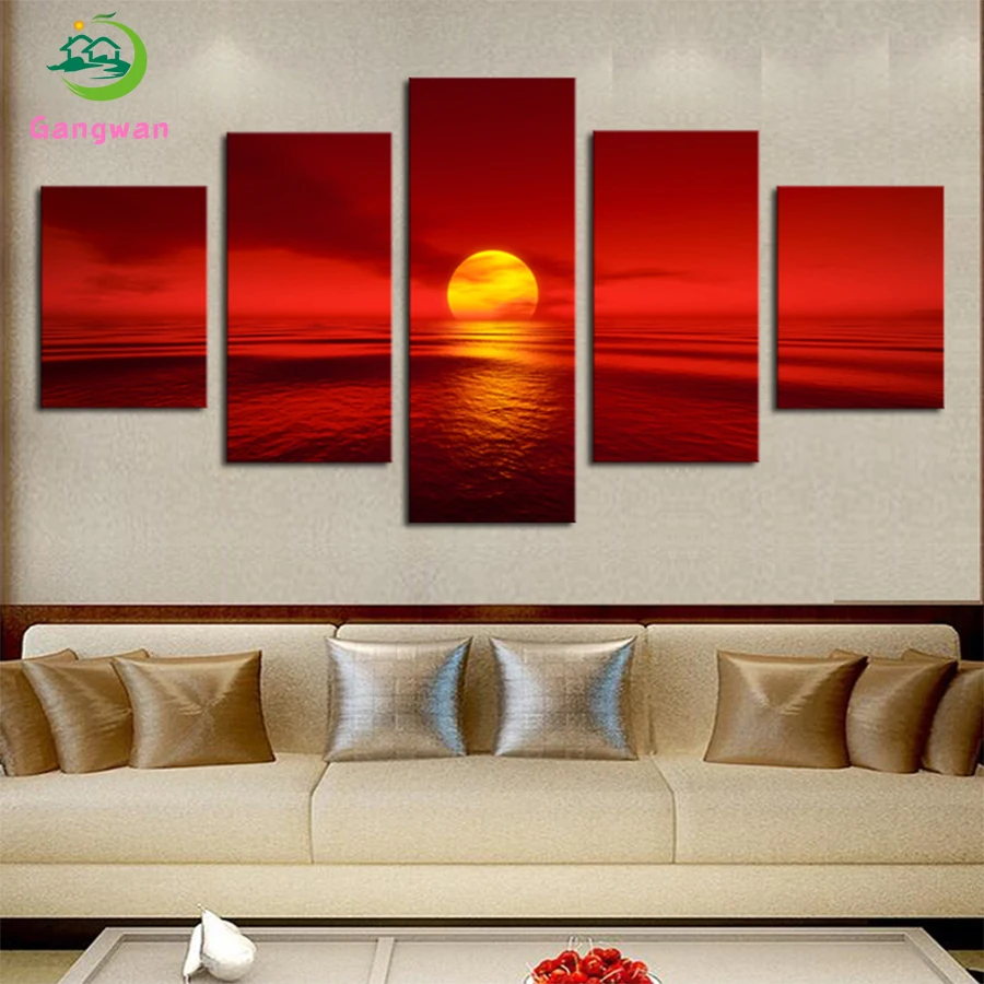 

DIY Diamond Painting Natural scenery, sunset red ocean Diamond Mosaic Full Drill Square round Cross Stitch Handmade Hobby5 pcs