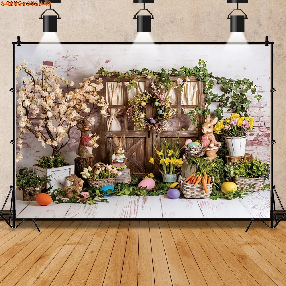 อีสเตอร์ฉากหลังพวงหรีดดอกไม้ฤดูใบไม้ผลิ Courtyard ประตูเด็ก Portrait ไม้ประตูอิฐผนังการถ่ายภาพพื้นหลังตกแต่ง Photo Studio