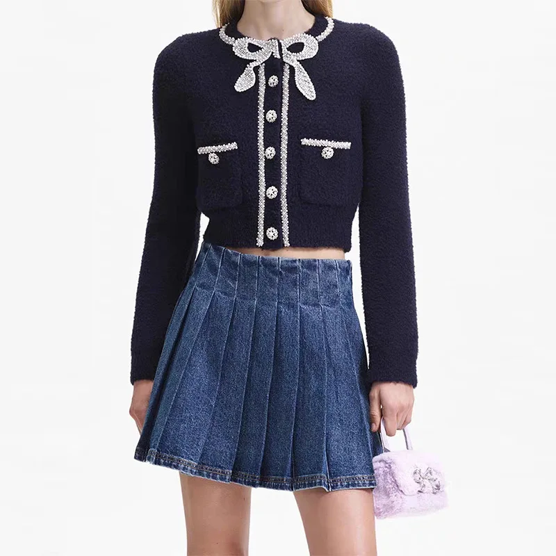 

Runway Designer Long Sleeve Tops for Women 2023 Luxury Elegant Beading Bow Knitted Sweater Mujer White Navy Cardigan Femme