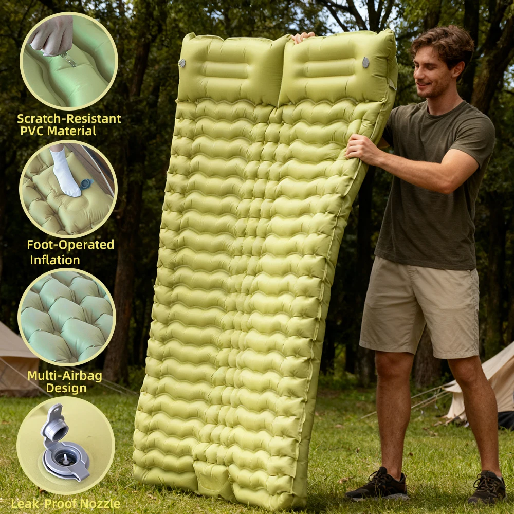 Ultralight Double Sleeping Pad for Camping Inflatable Mattress with Pillow Built-in Foot Pump Compact 2-Person Porta