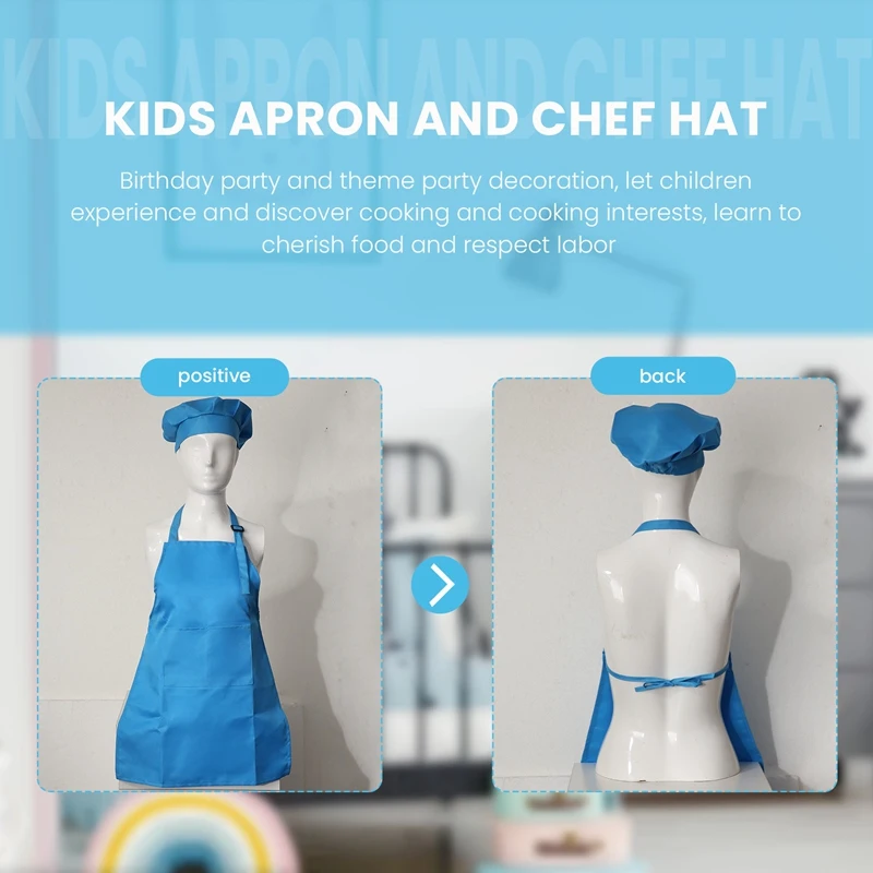 8-Piece Children's Apron And Chef Hat Set, Adjustable, With 2-Pocket Kitchen Apron Apron