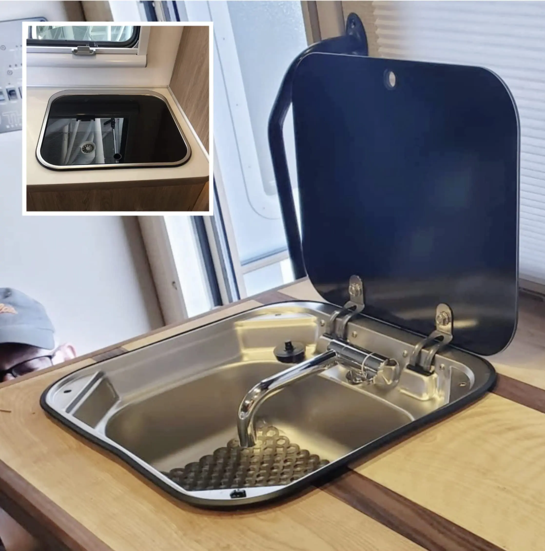 حوض المطبخ RV للمقهى مع صنبور قابل للطي وغطاء، وعاء واحد من الفولاذ المقاوم للصدأ، حوض غسيل يدوي مع غطاء لـ