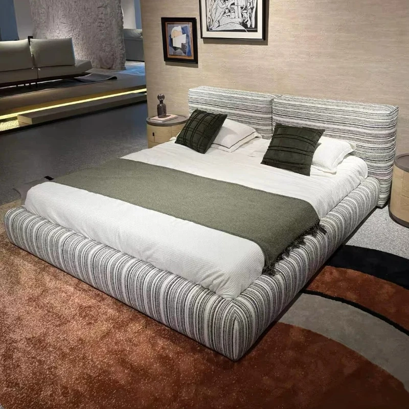 Italian Minimalist Designer Bed Striped Cotton Linen Fabric Double Bed with Soft Tufted Headboard for Master Bedroom furniture