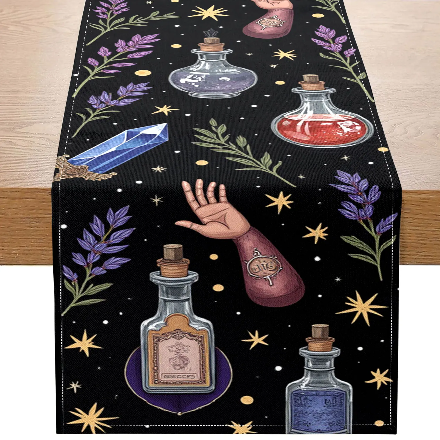 

Цельная дорожка для стола с тематической бутылкой волшебного солля, украшенная разноцветными углами, звездами, лунами и растительными узорами, подходит для вечеринок с мистическими тематическими тематическими вечерами и украшениями дома