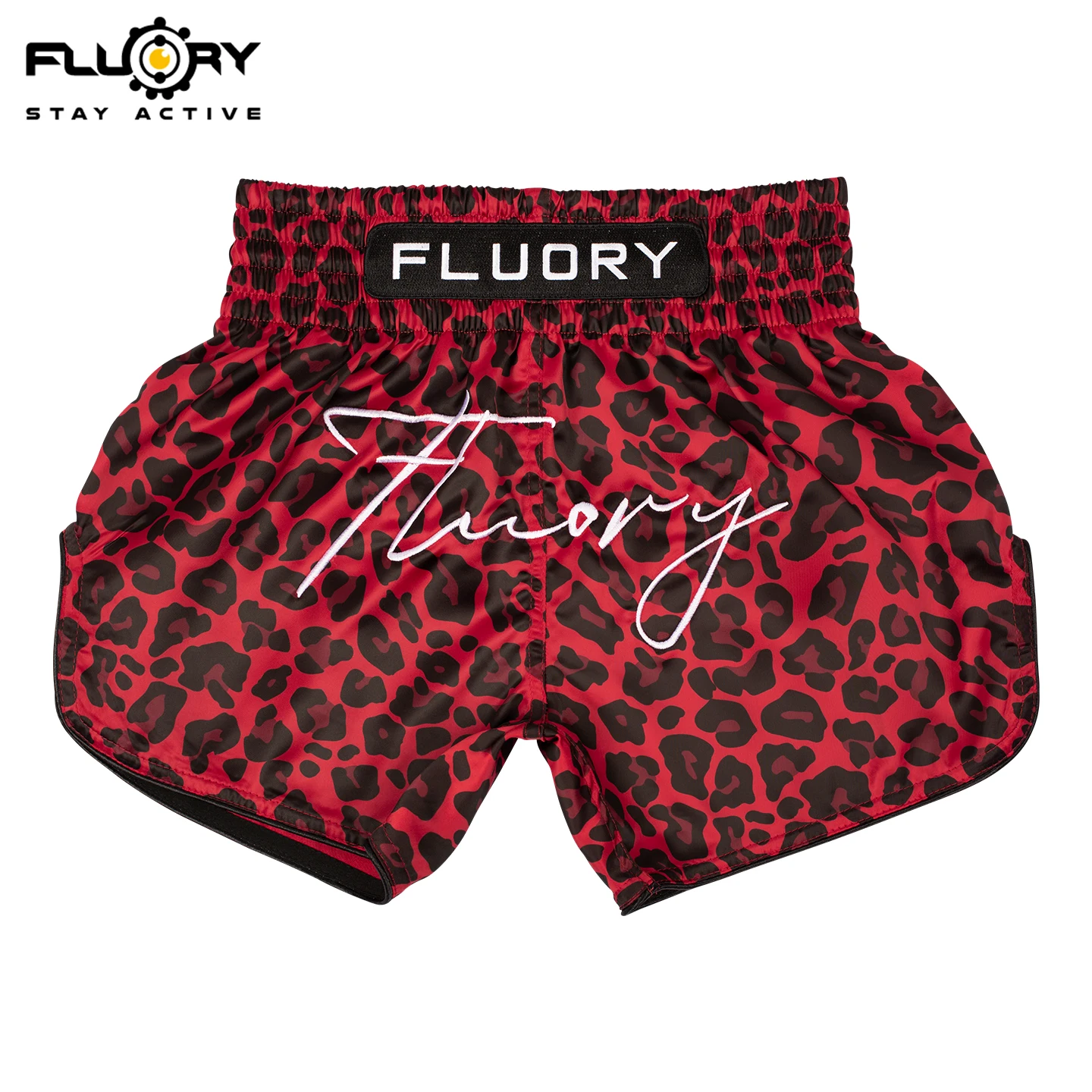 FLUORY Muay Thai shorts, red leopard print embroidery, comfortable boxing training, casual sports pants and boxing shorts