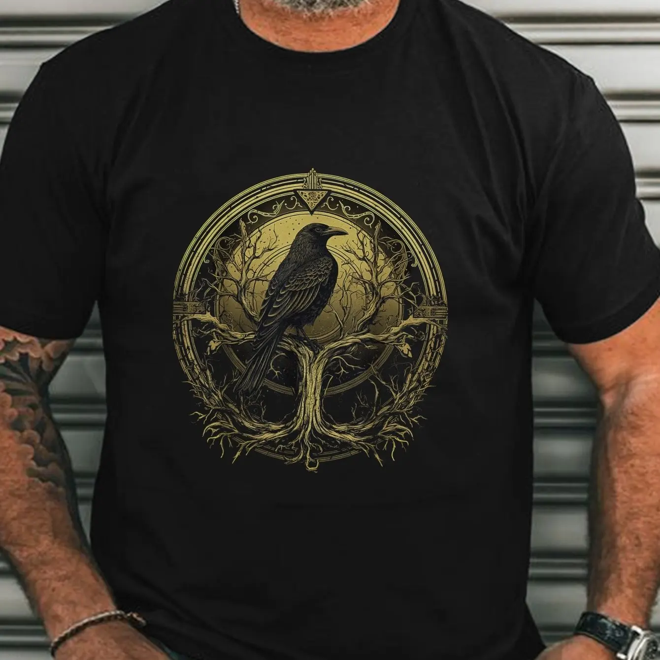 Men Celtic Viking Valhalla Graphic T-Shirt - Black Raven Celtic Knot Print Short Sleeve Tee Breathable Regular Fit Men Clothing