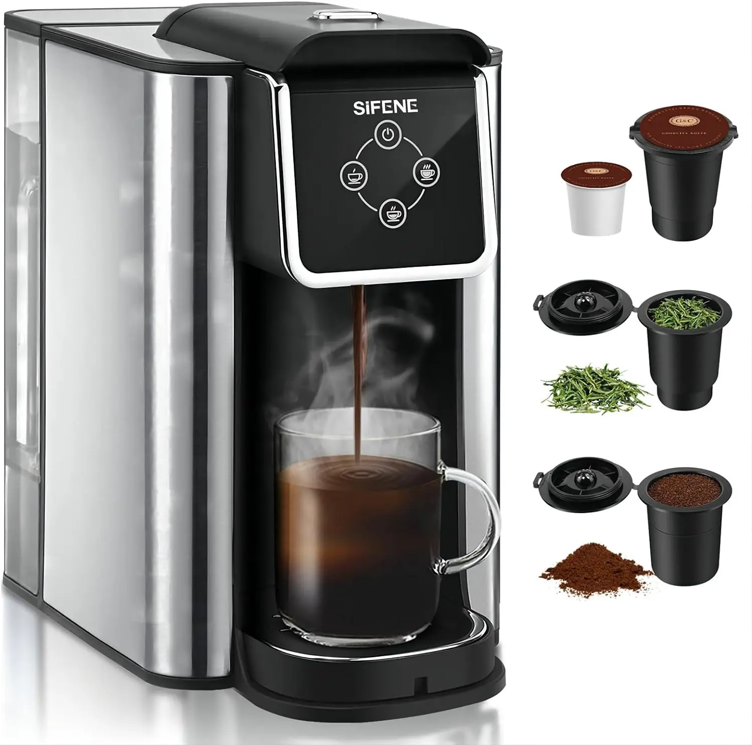 SIFENE Single Serve Coffee Maker, 3-in-1 Quick Brew for Coffee Pods, Ground Coffee, & Loose Tea, 1150W, Compact, Black