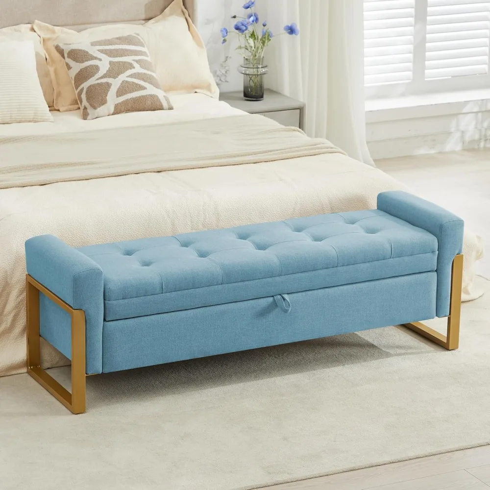 

57 Storage Ottoman Bench, Linen Upholstered End of Bed Storage Bench with Metal Legs & Button-Tufted, Large Ottoman with Storage