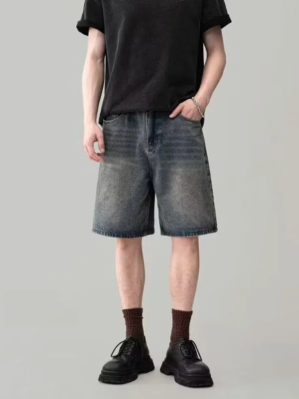 

Мужские джинсовые брюки с американской талией в стиле ретро, летние свободные повседневные прямые брюки средней длины «пять четвертей», модные джинсы прямого кроя